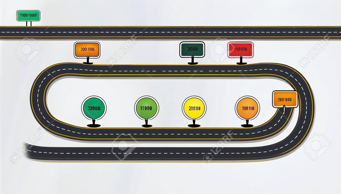 Abstracte zakelijke infographics in de vorm van een autoweg met wegmarkeringen, markeringen, pictogrammen en tekst. EPS 10.