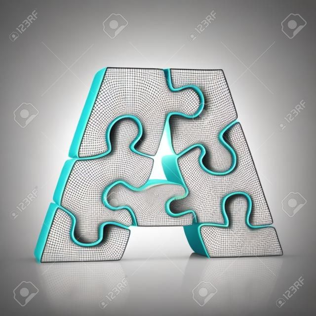 Rompecabezas de rompecabezas letra A 3D render ilustración aislada sobre fondo blanco