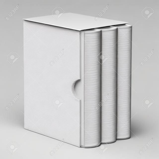 Three books with blank box cover 3D rendering illustration isolated on white background