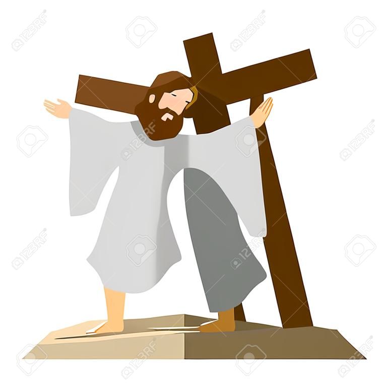 jesus christ falls first time - via crucis shadow vector illustration eps 10