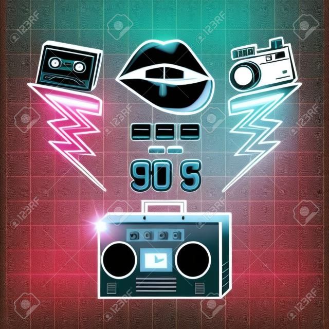radio with icons of eighties and nineties retro vector illustration design