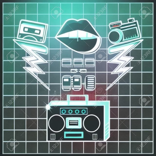 radio with icons of eighties and nineties retro vector illustration design