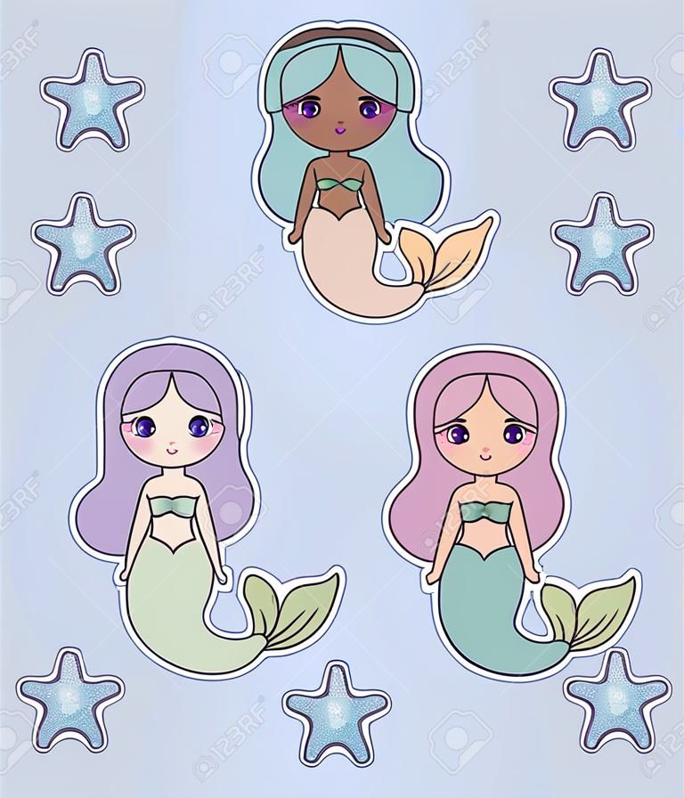 gruppo di simpatiche sirene con illustrazione vettoriale di stelle marine design
