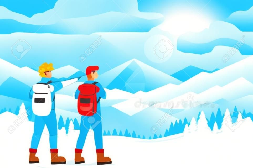 adventurous men with travelbag in the snowscape vector illustration design