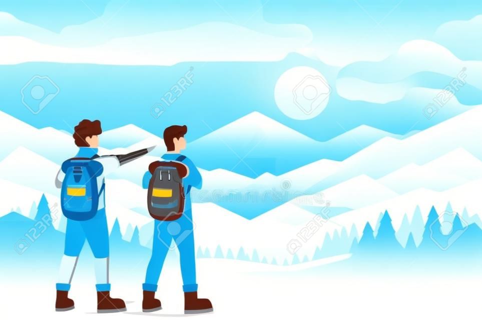 adventurous men with travelbag in the snowscape vector illustration design