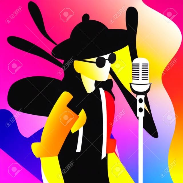 Sänger mit Mikrofoncharakter-Vektor-Illustrationsdesign