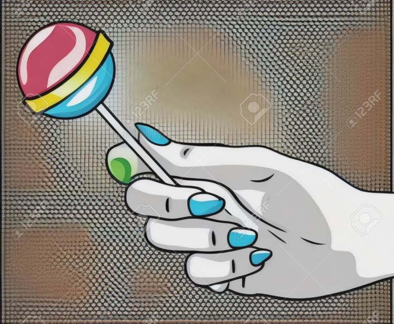hand met lolly zoete pop kunst stijl vector illustratie ontwerp