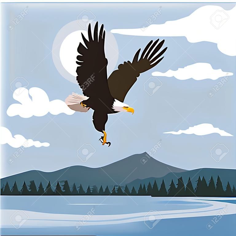 beautiful bald eagle flying in the lake scene vector illustration design