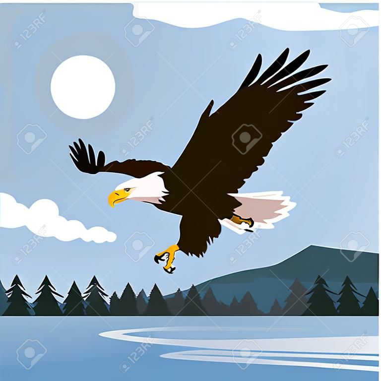 beautiful bald eagle flying in the lake scene vector illustration design