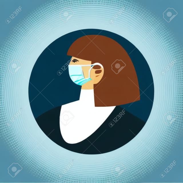 retrato de mujer con máscara médica en marco circular, diseño de ilustraciones vectoriales