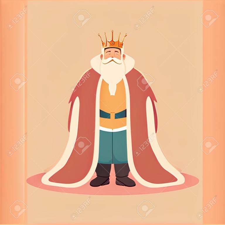 왕, 왕관과 왕실 예복을 입은 뚱뚱한 남자, 군주 벡터 일러스트 디자인