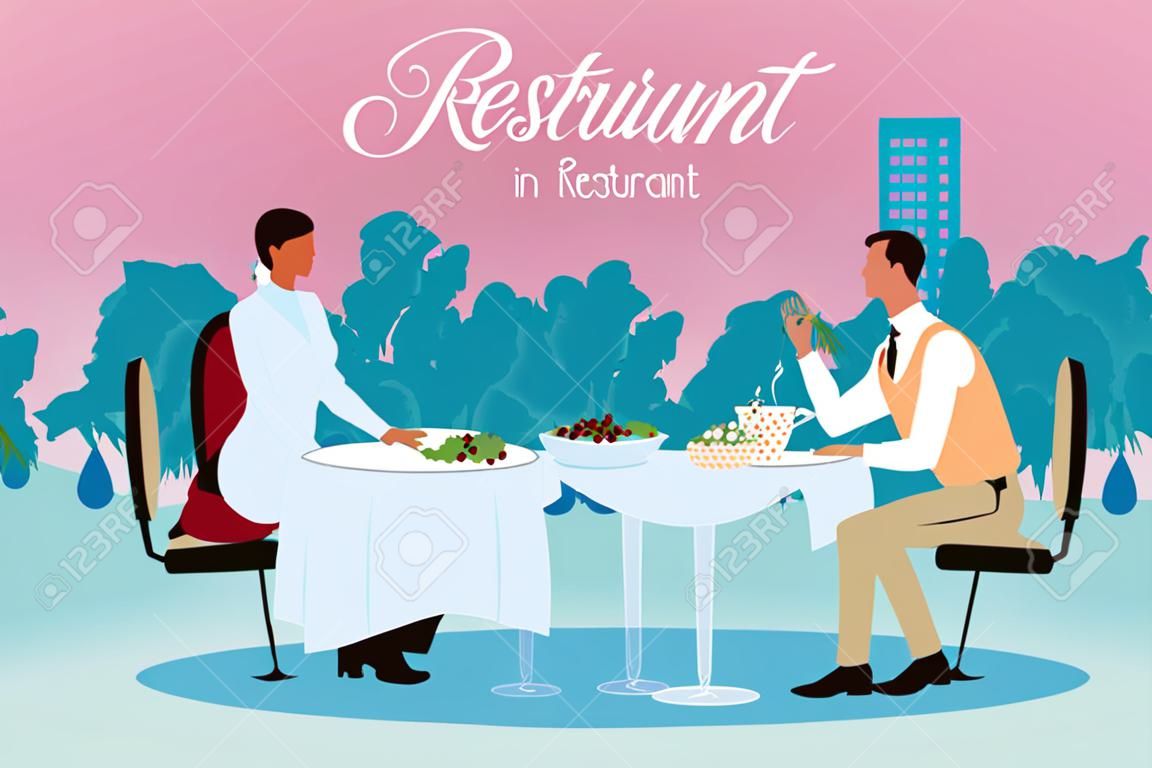 homme dînant au restaurant et serveur servant la conception d'illustration vectorielle de table