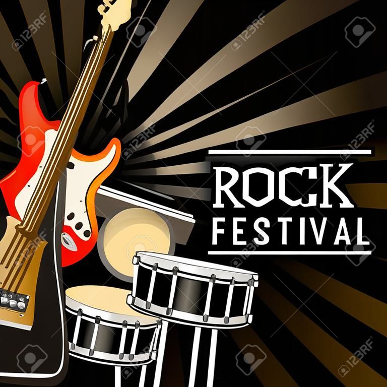 rock festival poster advertising musical instruments black sunburst background vector illustration detailed