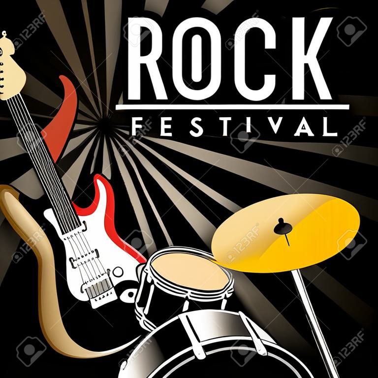 Rockfestival-Plakatwerbung für Musikinstrumente, schwarze Sunburst-Hintergrundvektorillustration detailliert