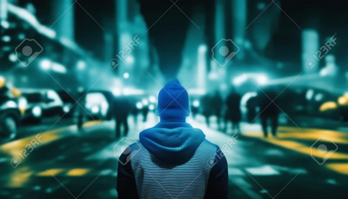 Een man die 's nachts door de straten van de stad loopt, alleen gegenereerd door kunstmatige intelligentie