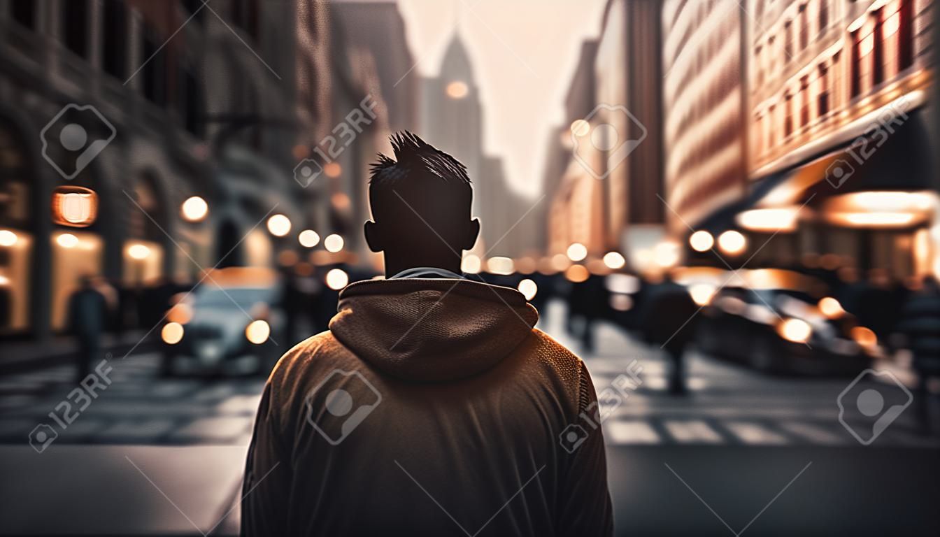 Een man die 's nachts door de straten van de stad loopt, alleen gegenereerd door kunstmatige intelligentie