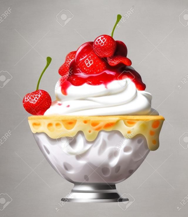 Whipped cream and strawberry sauce top dessert ball