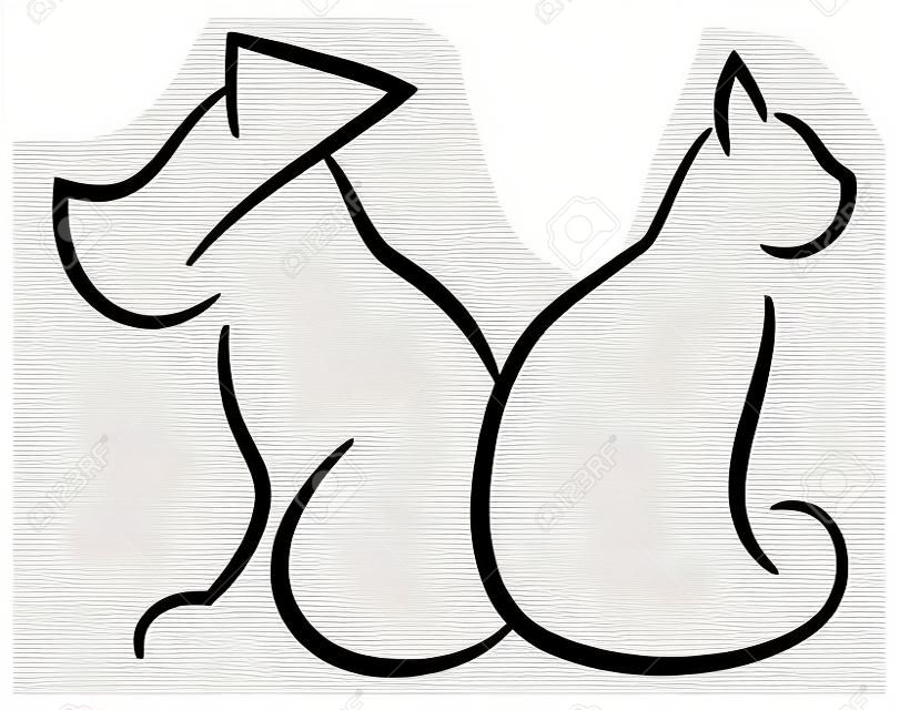 Cat and Dog Contour Simplified Black Silhouettes isolated on white