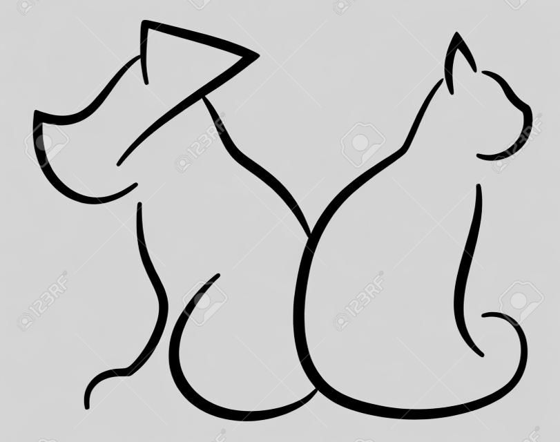 Cat and Dog Contour Simplified Black Silhouettes isolated on white