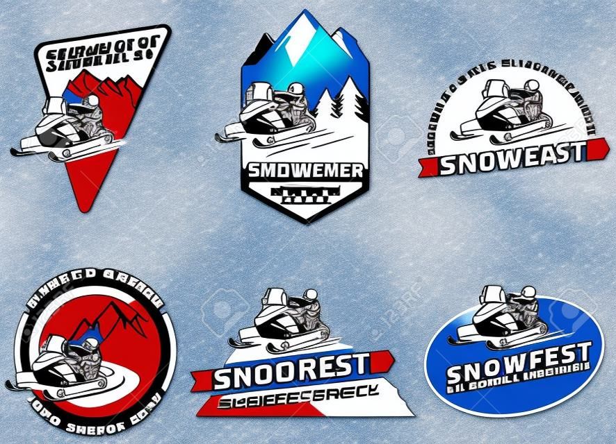 設置的冬季雪地車徽章，徽章和圖標。雪地摩托騎冬季之旅，雪橇和雪地摩托的設計元素。