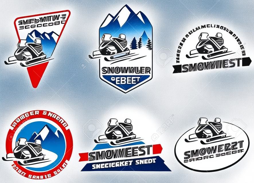 設置的冬季雪地車徽章，徽章和圖標。雪地摩托騎冬季之旅，雪橇和雪地摩托的設計元素。