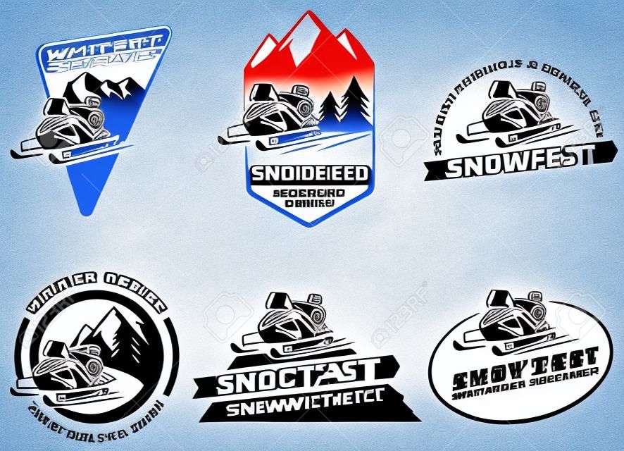 冬スノーモービル エンブレム、バッジおよびアイコンのセットです。スノーモービル冬の乗馬旅行、雪そり、スノーモービルはデザイン要素です。