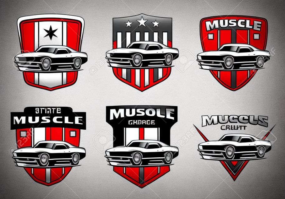Conjunto de logotipo clássico muscle car, emblemas e emblemas isolados no fundo branco.
