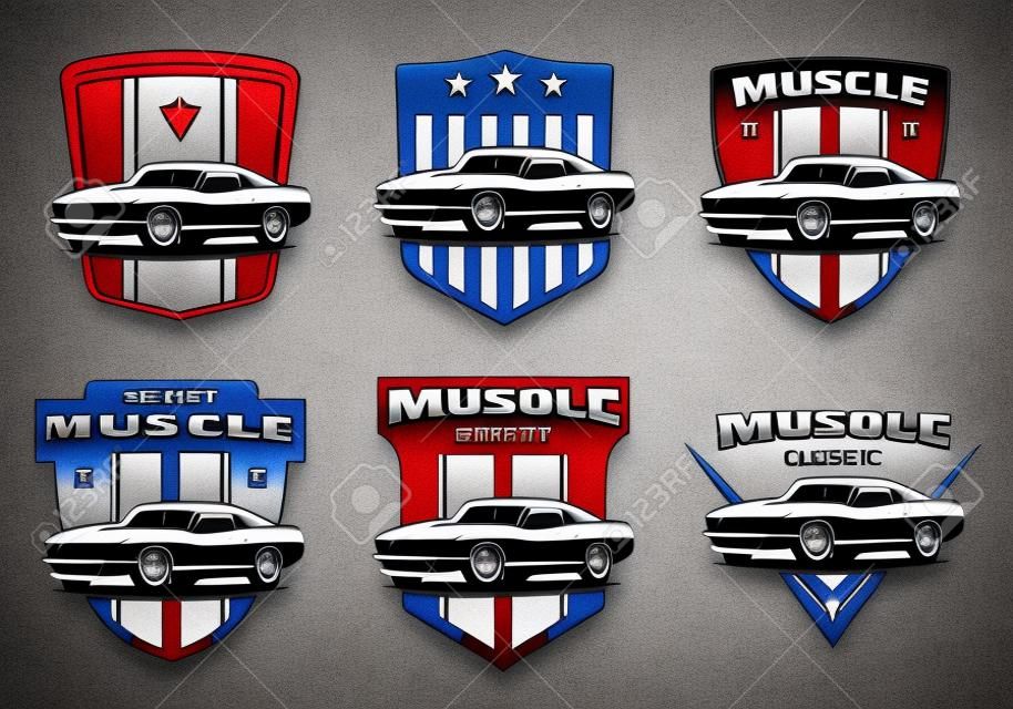 Conjunto de logotipo clássico muscle car, emblemas e emblemas isolados no fundo branco.
