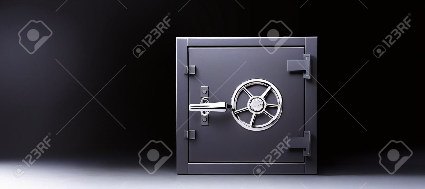 Closed strongbox on black background. 3d render