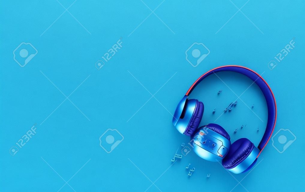 headphones with a globe model and musical notes on a blue background