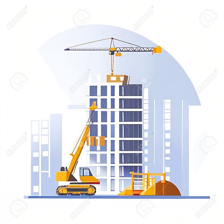 Construction of residential buildings. Construction site concept design. Flat style vector illustration.