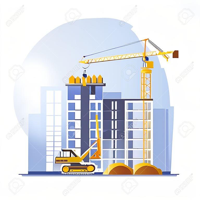 Costruzione di edifici residenziali. Concetto di costruzione del sito. Illustrazione vettoriale stile piano