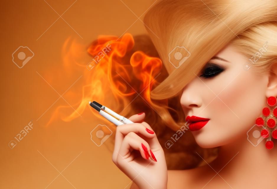 Pretty blonde girl with cigarette and red lips