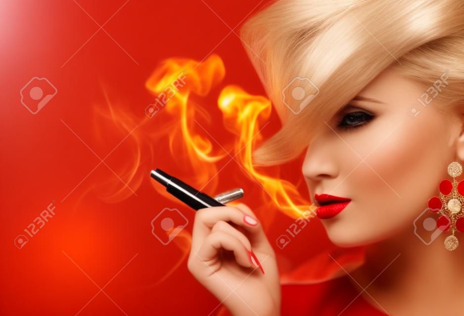 Pretty blonde girl with cigarette and red lips