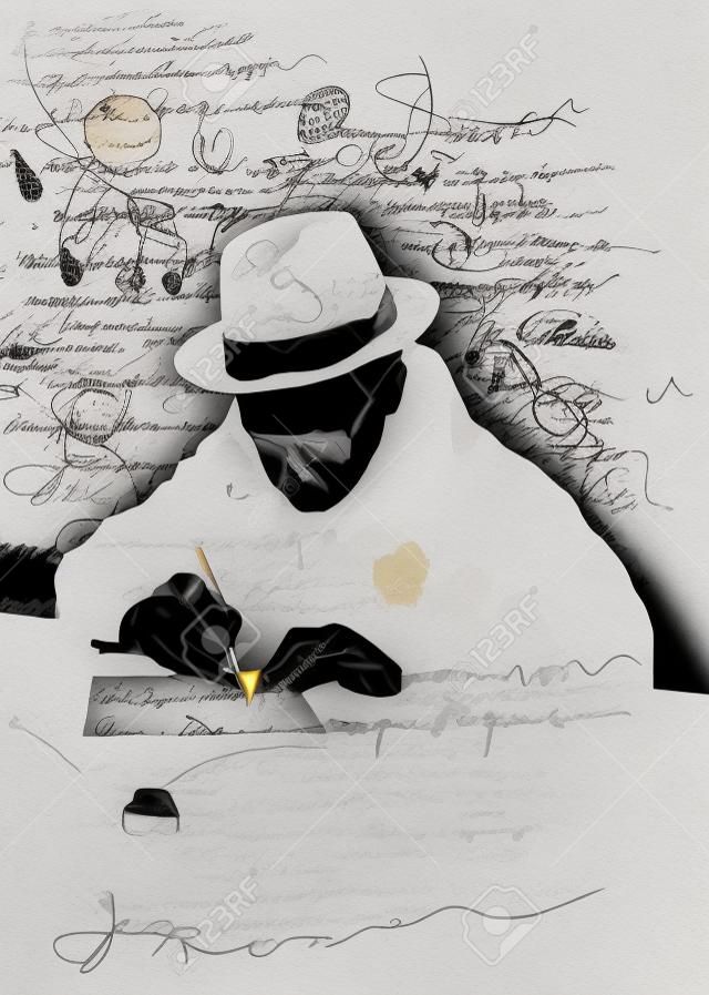 Symboliczny obraz człowieka, który pisze list z piórem i atramentem