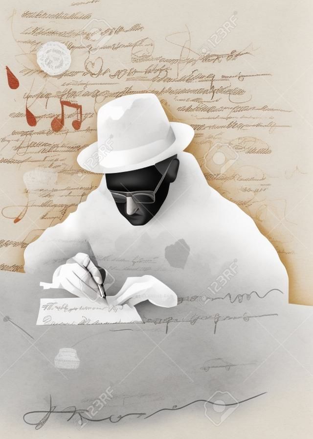 Symboliczny obraz człowieka, który pisze list z piórem i atramentem