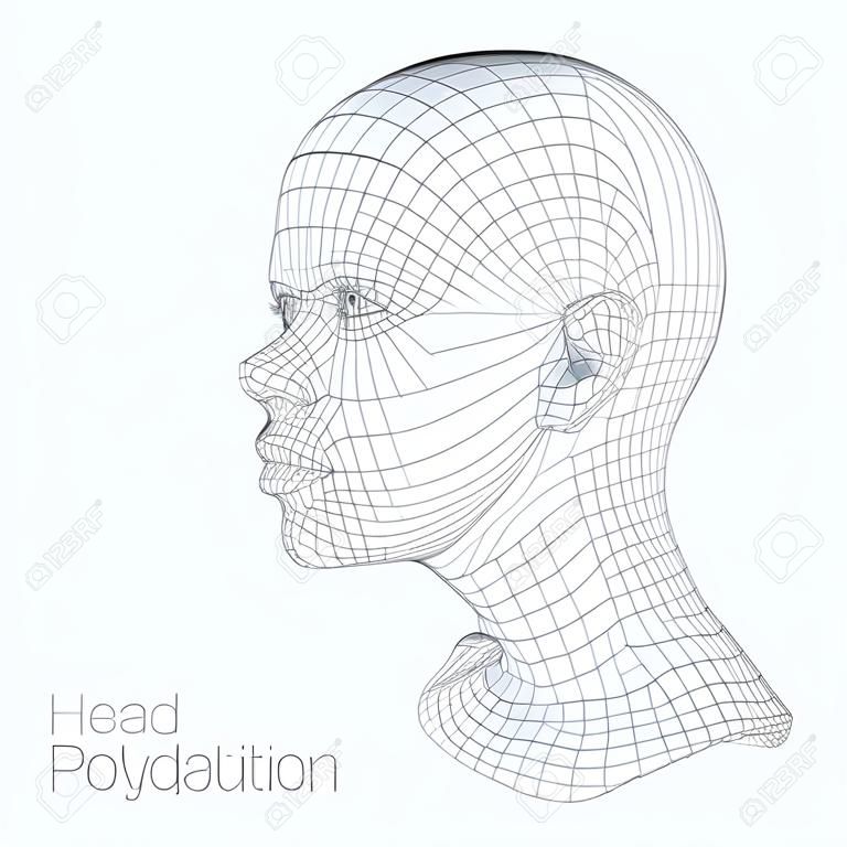 從一個三維網格什麼樣的人。人體頭部線模型。人類多邊形頭部。面部掃描。查看人體頭部。三維幾何面設計。 3D多邊形皮膚。