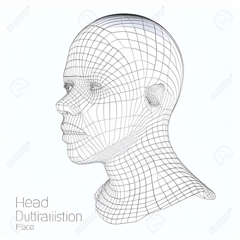 從一個三維網格什麼樣的人。人體頭部線模型。人類多邊形頭部。面部掃描。查看人體頭部。三維幾何面設計。 3D多邊形皮膚。