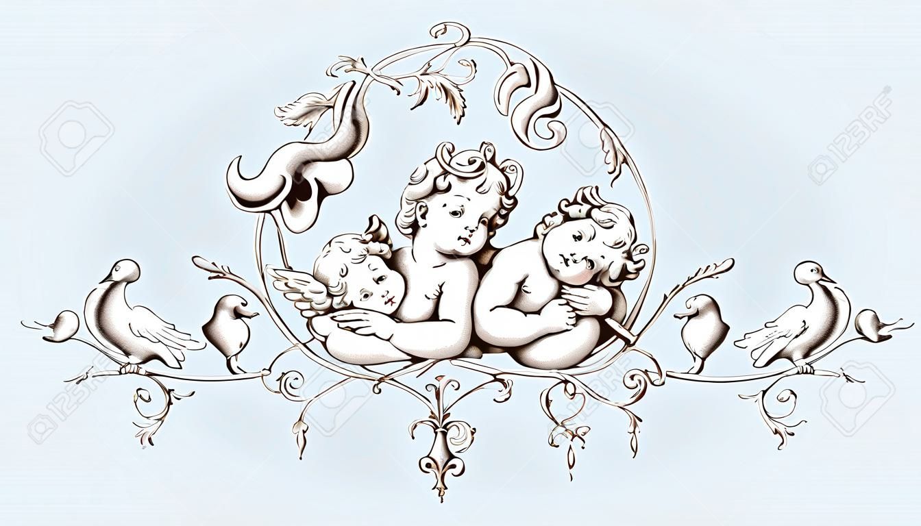 Vintage element dekoracyjny grawerowanie z barokowym ornamentem i amorkami. Ręcznie rysowane ilustracji wektorowych