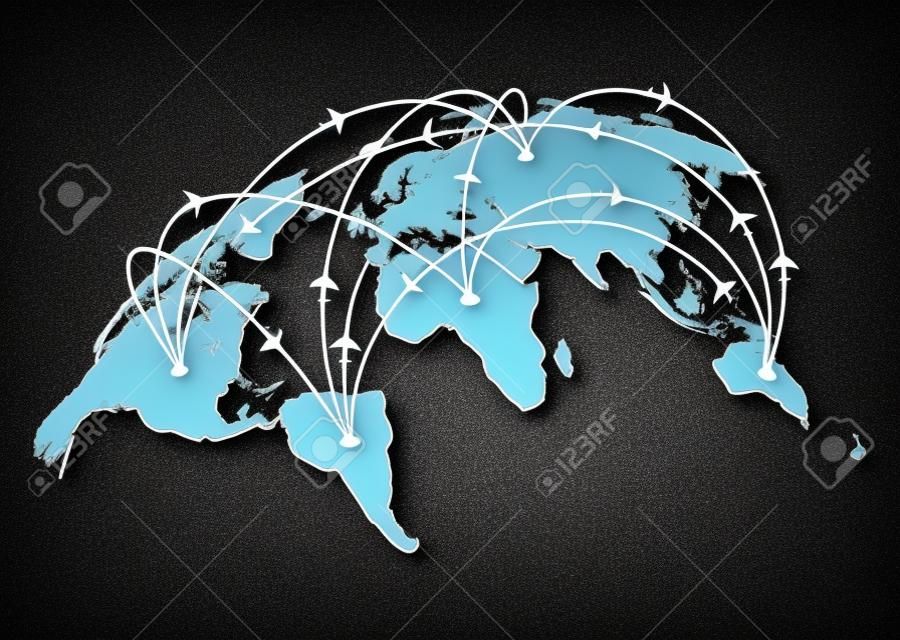 Carte du monde avec les itinéraires de vol les avions dans le vecteur