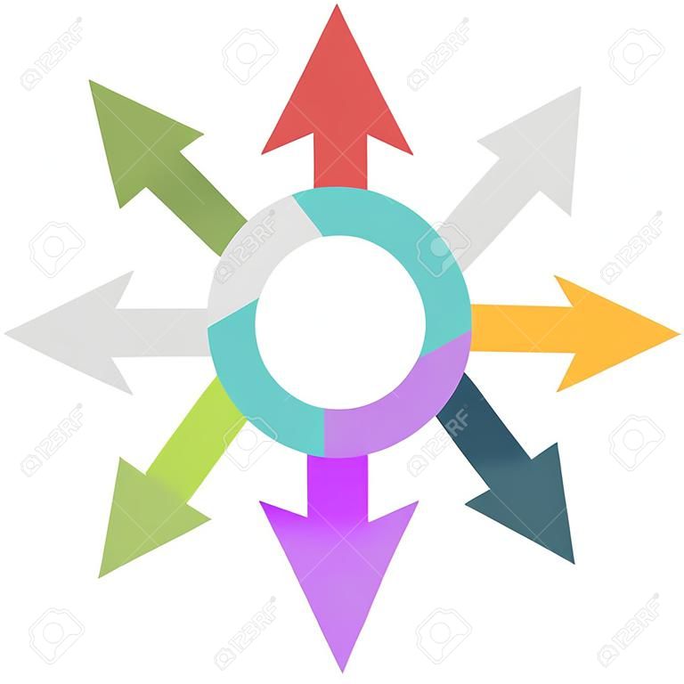 Many arrows from circle pointing outwards. Network, collaboration, teamwork, leadership and organization concept. Flat design. EPS 8 compatible vector illustration, no transparency, no gradients