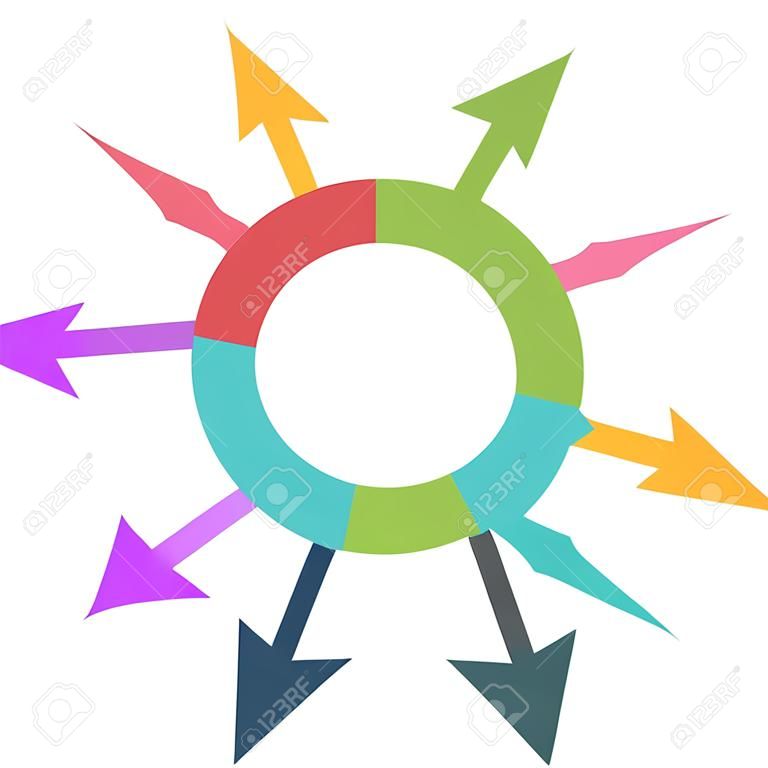 Many arrows from circle pointing outwards. Network, collaboration, teamwork, leadership and organization concept. Flat design. EPS 8 compatible vector illustration, no transparency, no gradients