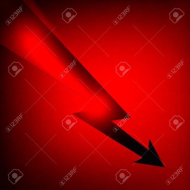 Freccia nera a forma di fulmine su sfondo rosso minaccioso. Concetto di crisi, problema, diminuzione, recessione, rischio e pericolo. Design piatto.