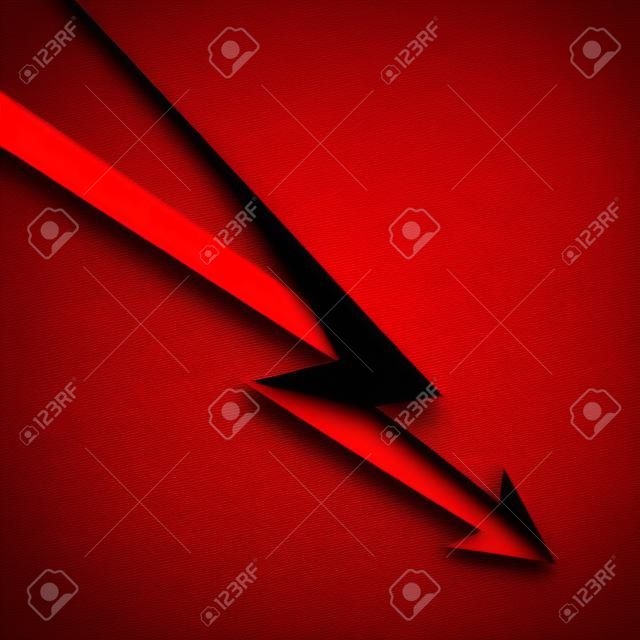 Freccia nera a forma di fulmine su sfondo rosso minaccioso. Concetto di crisi, problema, diminuzione, recessione, rischio e pericolo. Design piatto.