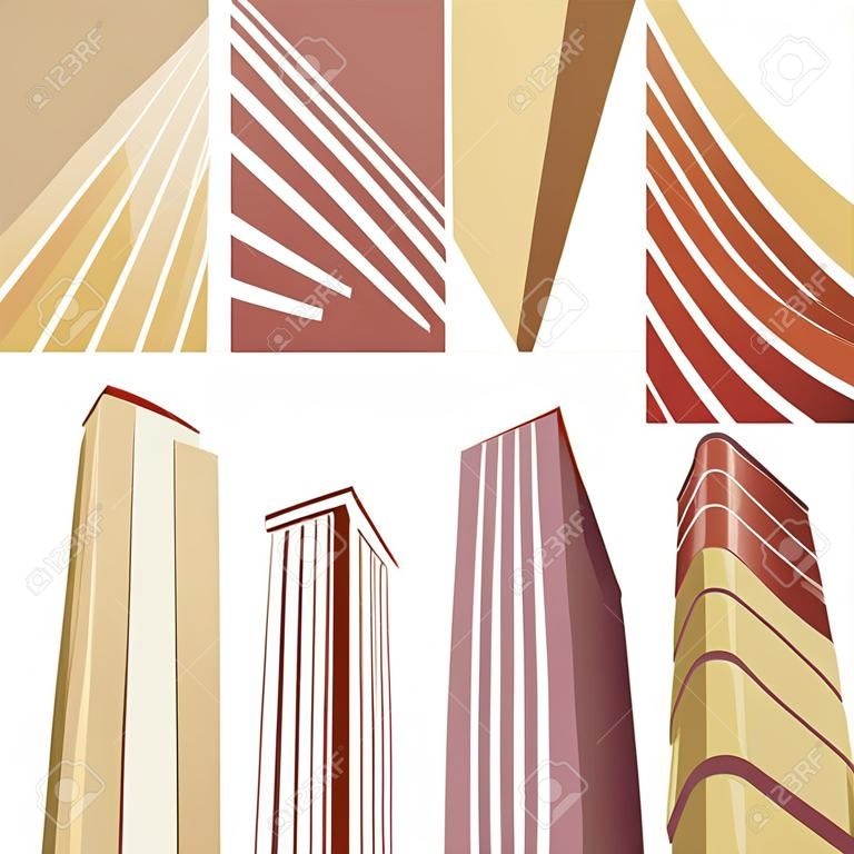 Set of modern buildings in the city. Cartoon vector illustration. Skyscrapers in downtown. Corporate architecture. Bottom view. Architecture collection