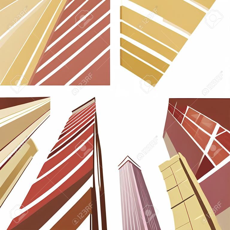 Állítsa be a modern épület a városban. Cartoon vektoros illusztráció. Felhőkarcolók belvárosában. Vállalati architektúra. Alulnézet. építészet gyűjtemény