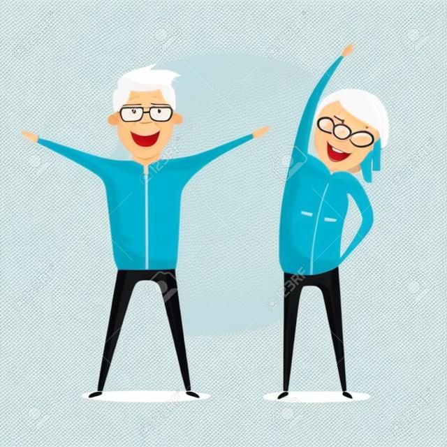 Senioren en gymnastiek. Ouder paar. Grootouders die oefeningen doen. Sport. Morgen oefeningen. Cartoon vector illustratie