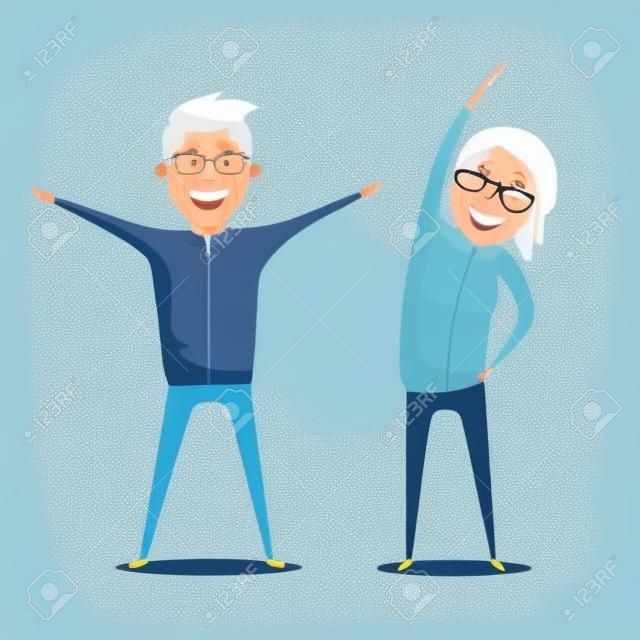 Старшие люди и гимнастика. Пожилая пара. Бабушки и дедушки, делая упражнения. Спорт. Утренняя гимнастика. Мультфильм векторные иллюстрации