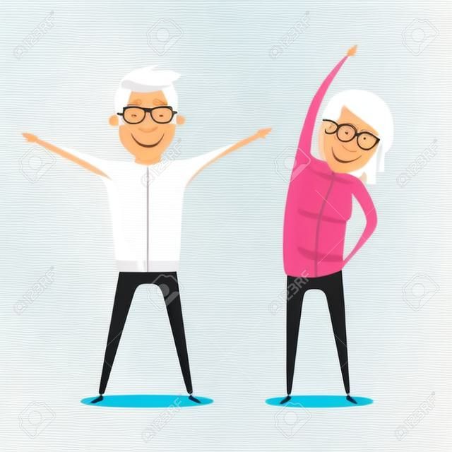 高齢者や体操。高齢者のカップル。祖父母の演習を行います。スポーツ。朝の体操。漫画のベクトル図