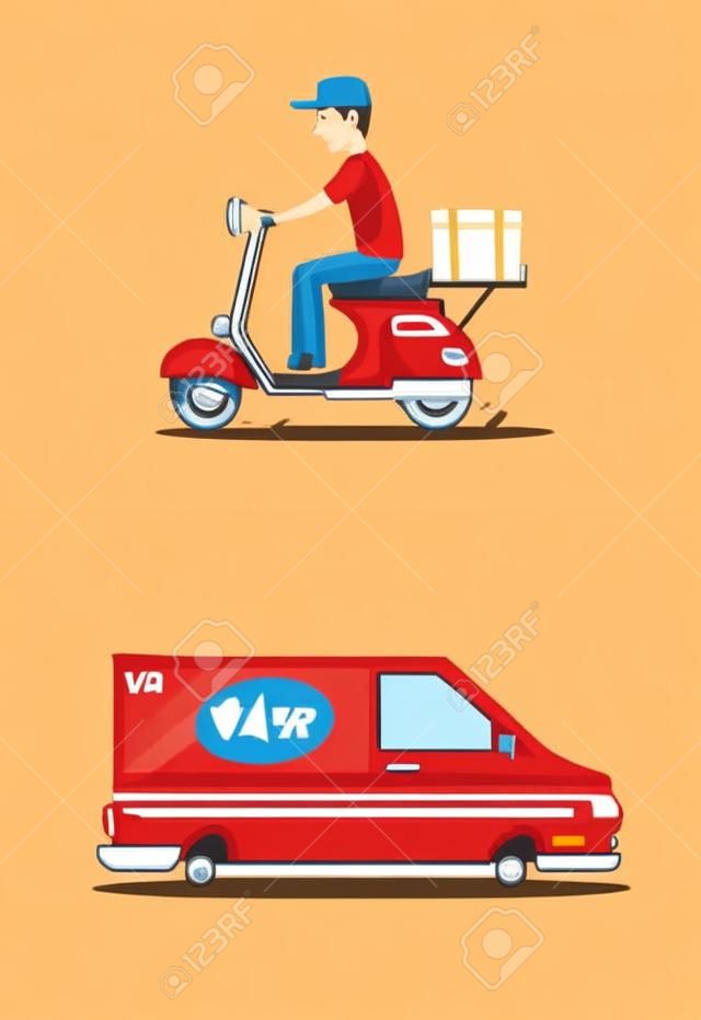 Lieferservice durch Van und Motorrad . Auto für die Lieferung . Cartoon-Vektor-Illustration
